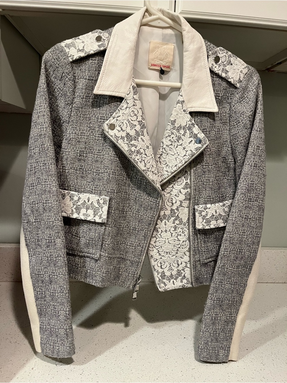 Rebecca Taylor Tweed, Lace & Genuine Leather Moto Jacket, Size M - Picture 2 of 16